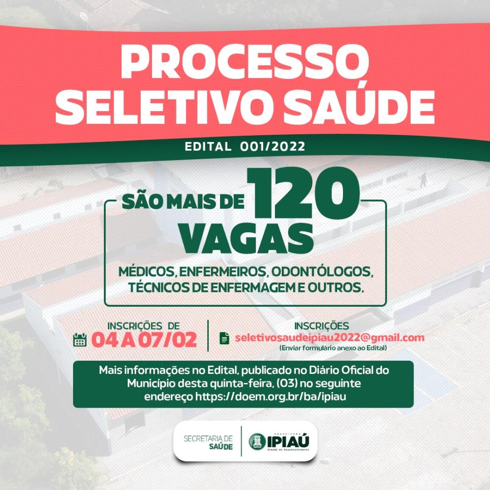 PREFEITURA DE IPIAÚ ABRE PROCESSO SELETIVO PARA PROFISSIONAIS DE SAÚDE